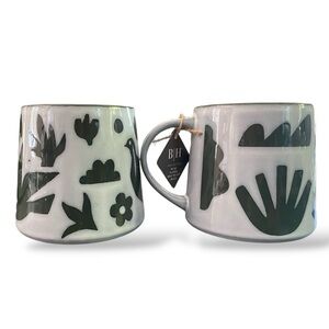 Blue Harbor 18oz Floral Wax Relied Green and White Ceramic Mugs - Set of 2